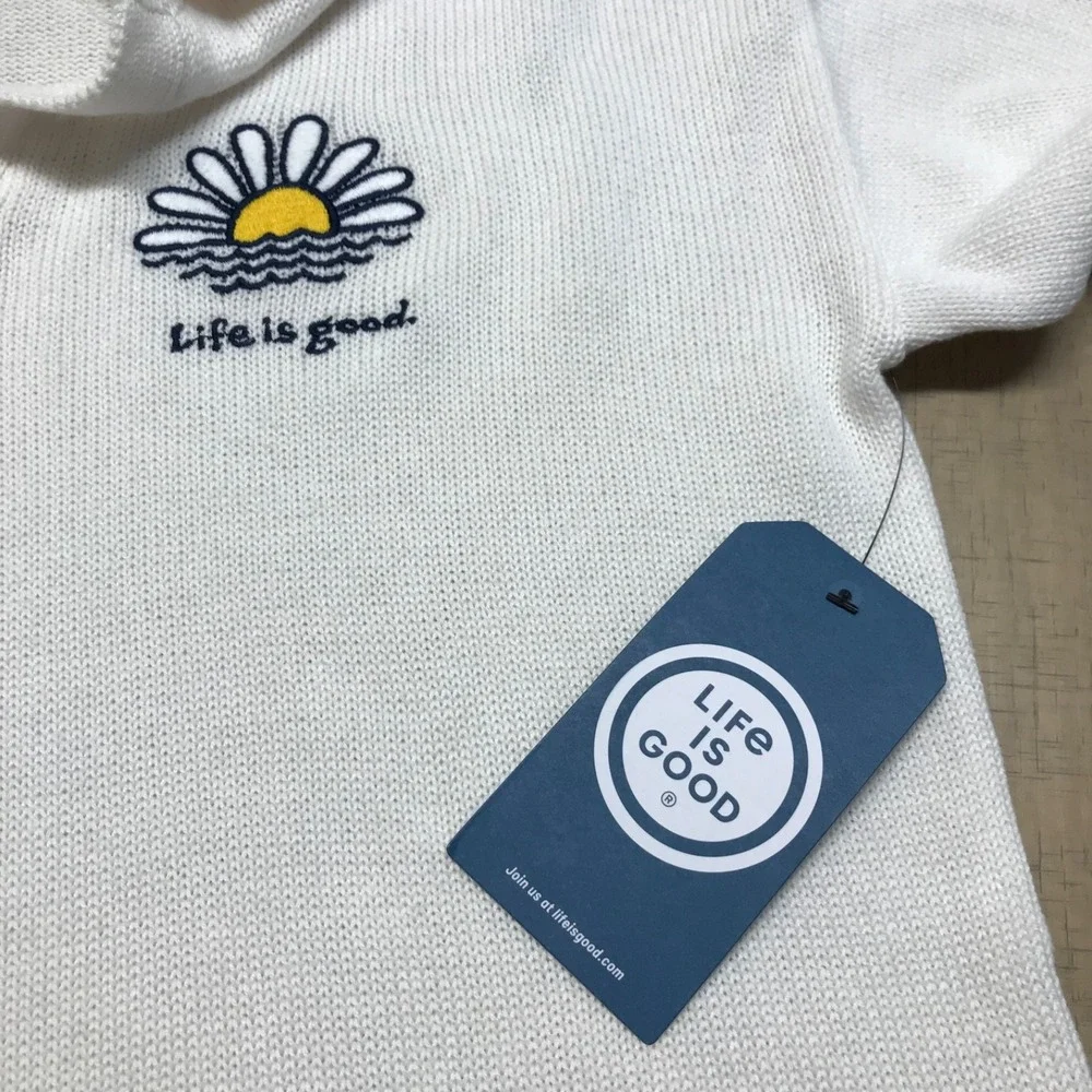 Life is Good Sweater Womens Size M White V-Neck Collared Daisy‎ Flower Pullover